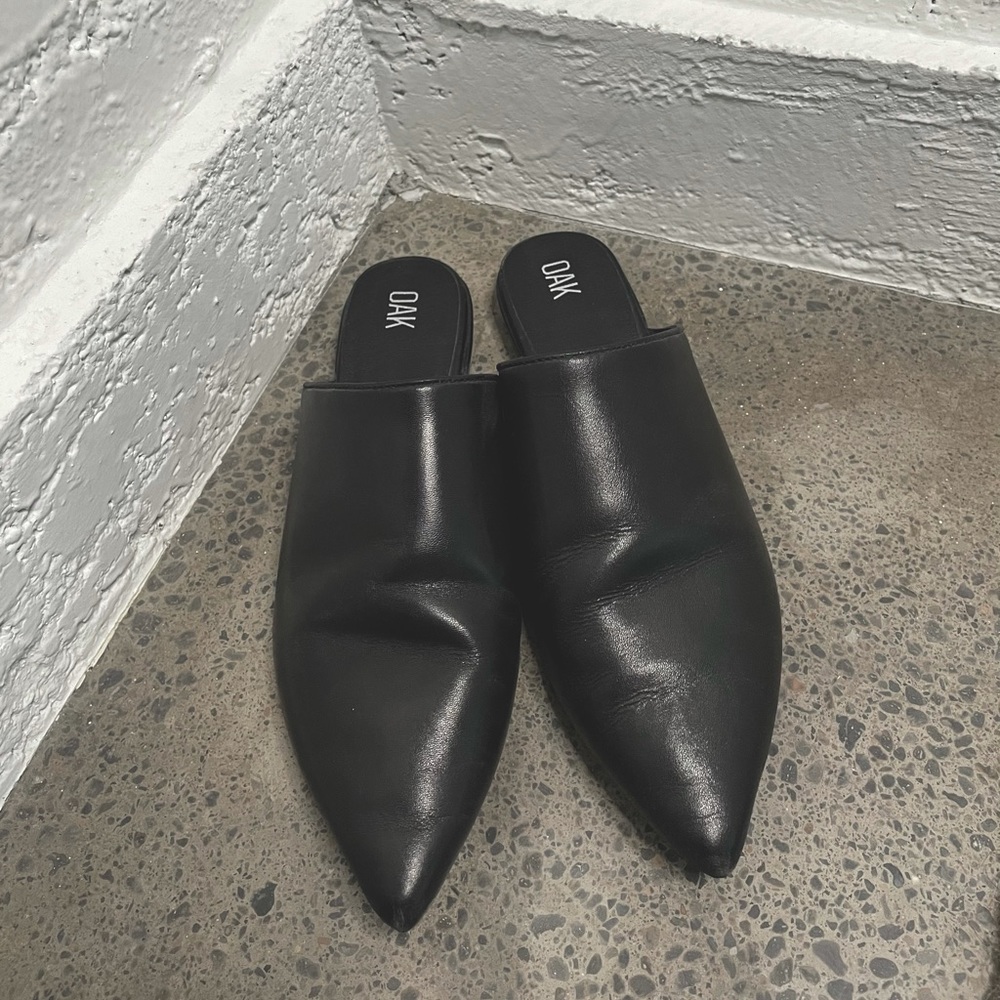 OAK NYC black leather mules